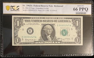 Small Federal Reserve Notes 1963-A $1 FEDERAL RESERVE NOTE, LOW SERIAL #247, FR-1901-E, PCGS GEM UNC 66 PPQ