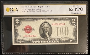 Small U.S. Notes 1928 $2 U.S. NOTE, LEGAL TENDER, FR-1501, PCGS GEM UNC 65 PPQ- A BEAUTY!