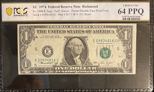 Small Federal Reserve Notes 1974 $1 FEDERAL RESERVE NOTE, FR-1908-E, DOUBLE FACE PRINT ERROR, PCGS 64 PPQ