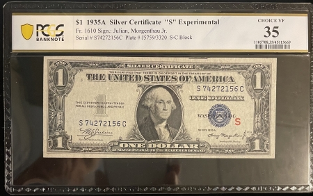 Small Silver Certificates 1935-A $1 SILVER CERTIFICATE, FR-1610, “S” EXPERIMENTAL, PCGS CH VF-35, LOOKS CU