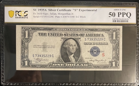 Small Silver Certificates 1935-A $1 SILVER CERTIFICATE, FR-1610, “S” EXPERIMENTAL, PCGS AU-50 PPQ