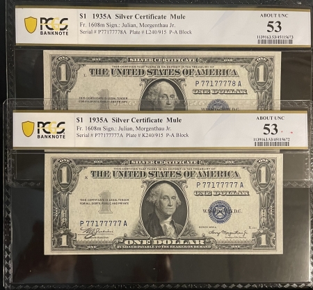 Small Silver Certificates POSSIBLY UNIQUE 1935-A $1 SILVER CERT, MULE PAIR, SWITCHOVER K/L PLATE-PCGS AU53