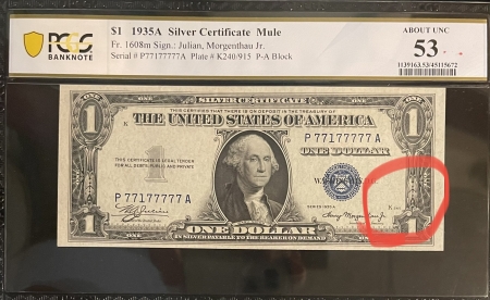 Small Silver Certificates POSSIBLY UNIQUE 1935-A $1 SILVER CERT, MULE PAIR, SWITCHOVER K/L PLATE-PCGS AU53