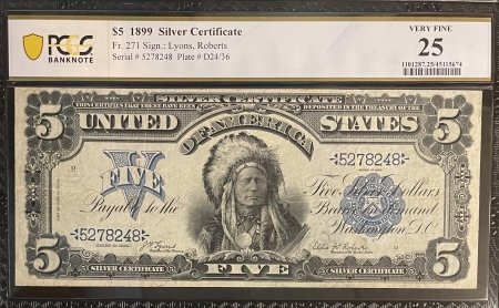 Large Silver Certificates POPULAR & ICONIC 1899 $5 SILVER CERTIFICATE “CHIEF”, FR-271, PCGS VERY FINE 25