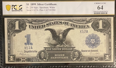 Large Silver Certificates 1899 $1 SILVER CERTIFICATE “BLACK EAGLE”, FR-236, LOW SERIAL #57, PCGS CH UNC-64