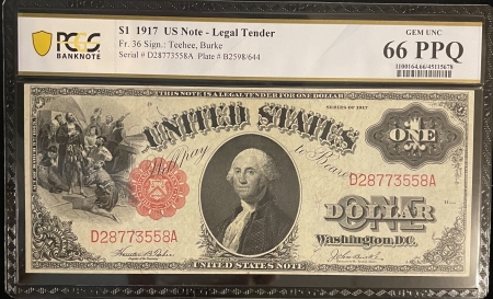 Large U.S. Notes 1917 $1 US NOTE, LEGAL TENDER, FR-36, PCGS GEM UNC 66 PPQ; SUPERB & UNIMPROVABLE