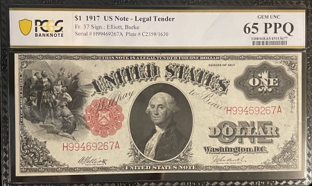 Large U.S. Notes 1917 $1 US NOTE, LEGAL TENDER, FR-37, PCGS GEM UNC 65 PPQ, A SUPERB BEAUTY!