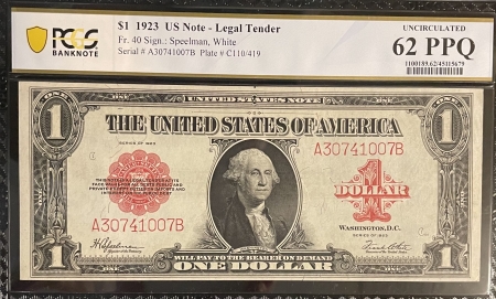 Large U.S. Notes 1923 $1 US NOTE, LEGAL TENDER, RED SEAL, FR-40, PCGS UNC 62 PPQ-A BRIGHT BEAUTY