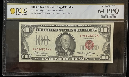 Small United States Notes 1966 $100 RED SEAL U.S. NOTE-LEGAL TENDER, FR-1550, PCGS CHOICE UNC-64 PPQ