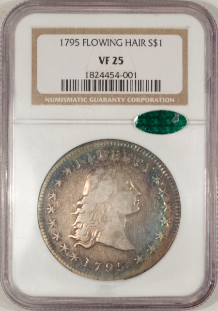 Early Dollars 1795 FLOWING HAIR SILVER DOLLAR, NGC VF-25, CAC-WHOLESOME W/ GORGEOUS RIM TONING