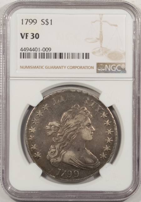 Early Dollars 1799 DRAPED BUST DOLLAR – NGC VF-30, NICE PLEASING COLOR, STRONG DETAIL!