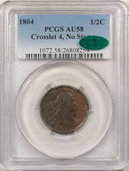 CAC Approved Coins 1804 DRAPED BUST HALF CENT, CROSSLET 4, NO STEMS – PCGS AU-58, CAC! PQ!