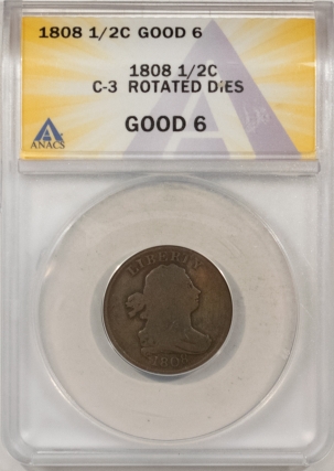Draped Bust Half Cents 1808 DRAPED BUST HALF CENT, C-3 ROTATED DIES – ANACS G-6, SMOOTH!