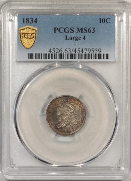 Capped Bust Dimes 1834 CAPPED BUST DIME, LARGE 4 – PCGS MS-63, PREMIUM QUALITY! (WILL CAC)