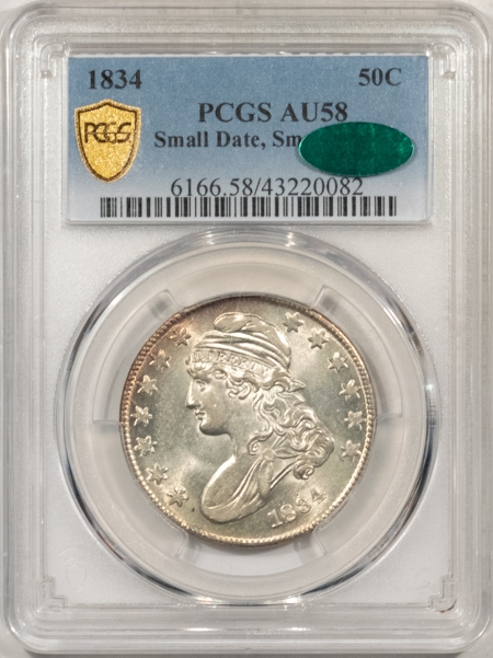 CAC Approved Coins 1834 CAPPED BUST HALF DOLLAR, SM DATE SMALL LETTERS – PCGS AU-58 CAC & PQ! WOW!