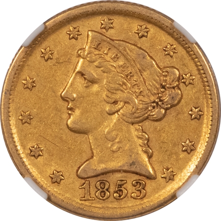 New Store Items 1853-D $5 LIBERTY GOLD – NGC AU-53, NICE SMOOTH ORIGINAL