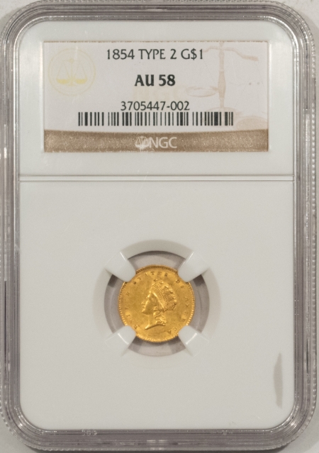 $1 1854 $1 GOLD DOLLAR TY II – NGC AU-58 PREMIUM QUALITY, LOOKS MINT STATE!