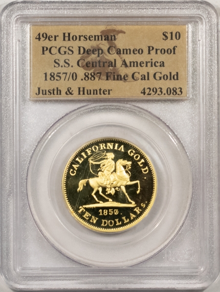 New Store Items 1857/0 $10 49ER HORSEMAN SS CENTRAL AMERICA PCGS DEEP CAMEO PROOF .887 CAL GOLD