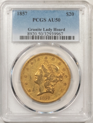 New Store Items 1857 $20 LIBERTY GOLD, TYPE 1 – PCGS AU-50, ORIGINAL
