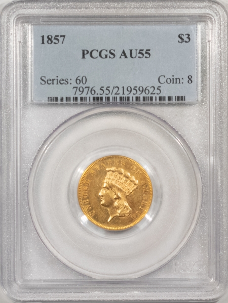 New Store Items 1857 $3 LIBERTY GOLD – PCGS AU-55, PQ & SEMI PROOFLIKE!