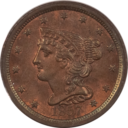 New Store Items 1857 BRAIDED HAIR HALF CENT – PCGS MS-63 RB, CHOICE & TOUGH!