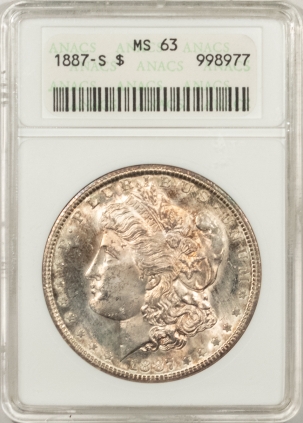 Morgan Dollars 1887-S MORGAN DOLLAR – ANACS MS-63, PRETTY & PREMIUM QUALITY!