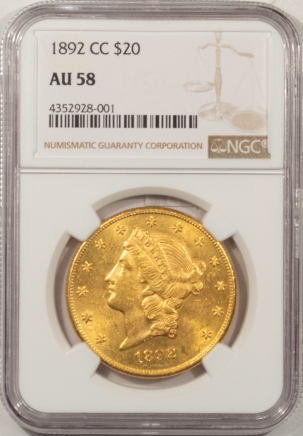 $20 1892-CC $20 LIBERTY GOLD – NGC AU-58, LUSTROUS, LOOKS UNC!