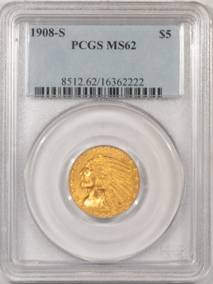 $5 1908-S $5 INDIAN GOLD – PCGS MS-62, TOUGH DATE, LUSTROUS ORIGINAL