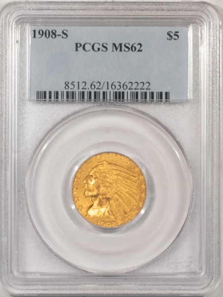 New Store Items 1908-S $5 INDIAN GOLD – PCGS MS-62, TOUGH DATE, LUSTROUS ORIGINAL