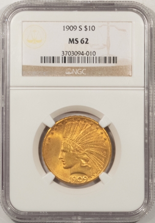 $10 1909-S $10 INDIAN GOLD – NGC MS-62, REALLY TOUGH DATE, SMOOTH & ORIGINAL!