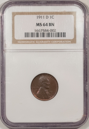 Lincoln Cents (Wheat) 1911-D LINCOLN CENT – NGC MS-64 BN, PRETTY & PREMIUM QUALITY!