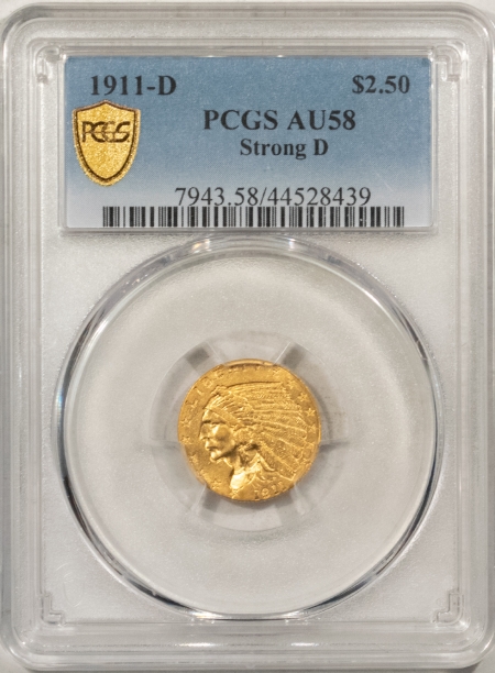 $2.50 1911-D $2.50 INDIAN HEAD GOLD, STRONG D – PCGS AU-58