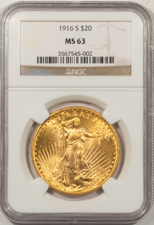 $20 1916-S $20 ST GAUDENS GOLD – NGC MS-63, PREMIUM QUALITY!