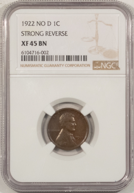 Lincoln Cents (Wheat) 1922 NO D LINCOLN CENT – STRONG REVERSE NGC XF-45 BN