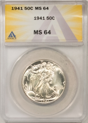 New Certified Coins 1941 WALKING LIBERTY HALF DOLLAR – ANACS MS-64, BLAST WHITE & PREMIUM QUALITY!