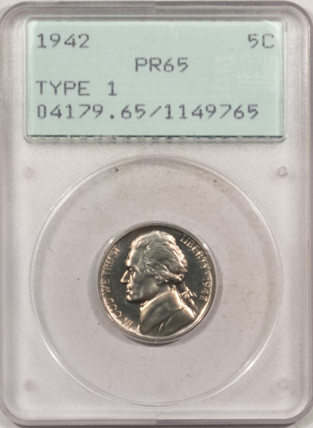 Jefferson Nickels 1942 PROOF JEFFERSON NICKEL, TYPE I – PCGS PR-65, RATTLER & PREMIUM QUALITY+