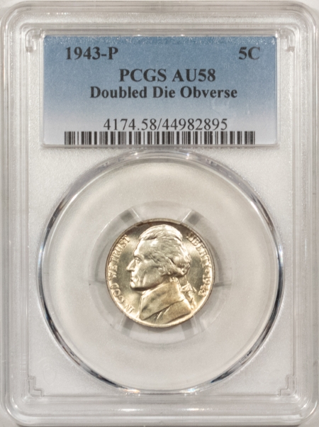 Jefferson Nickels 1943-P JEFFERSON SILVER WAR NICKEL, DOUBLE DIE OBVERSE – PCGS AU-58, LOOKS BU