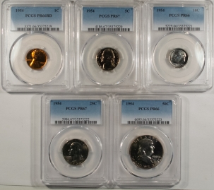 New Certified Coins 1954 5 COIN US SILVER PROOF SET PCGS PR-66 RD/67/66/67/66 MATCHED & VERY PRETTY!
