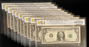 Small Federal Reserve Notes 1963-B $1 FRN “BARR”, FR-1902-G, CONSECUTIVE RUN OF 10 NOTES, PCGS CH UNC-64 PPQ