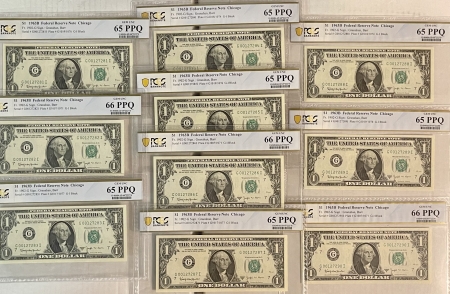 Small Federal Reserve Notes 1963-B $1 FRN, BARR NOTES, CONSECUTIVE RUN OF 10 SERIAL #s-PCGS GEM CU 65-66 PPQ