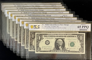 Small Federal Reserve Notes 1963-B $1 FRN, BARR NOTES, CONSECUTIVE RUN OF 10 SERIAL #s-PCGS CH/GEM CU 64-66
