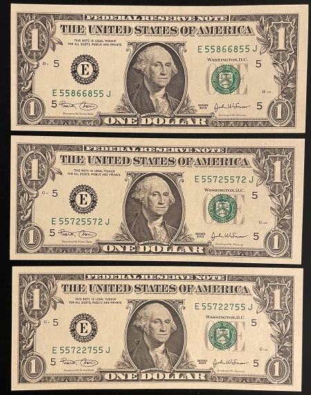 Small Federal Reserve Notes 2003 $1 FEDERAL RESERVE NOTES (3), FANCY SERIAL #s: 2 RADAR & 1 REPEATER-GEM CU