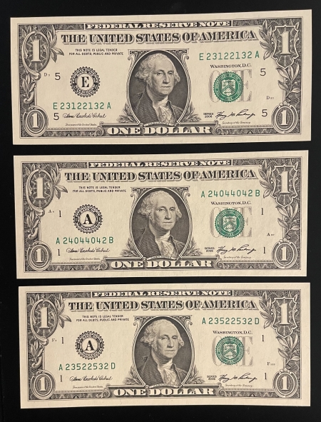 Small Federal Reserve Notes 2006 $1 FRN, LOT OF 3, ALL WITH “RADAR” SERIAL NUMBERS, FRESH GEM CUs