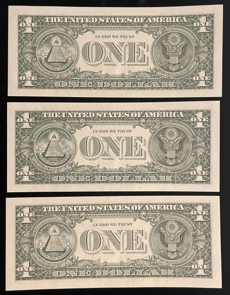 Small Federal Reserve Notes 2006 $1 FRN, LOT OF 3, ALL WITH “RADAR” SERIAL NUMBERS, FRESH GEM CUs