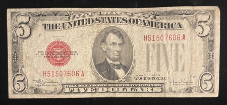 Small United States Notes 1928-E $5 UNITED STATES NOTE, RED SEAL, FR-1530, ORIGINAL VF