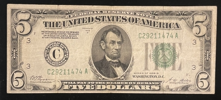 Small Federal Reserve Notes 1928-B $5 FEDERAL RESERVE NOTE, FR-1952C, PHILADELPHIA, CHOICE ORIGINAL VF! 
