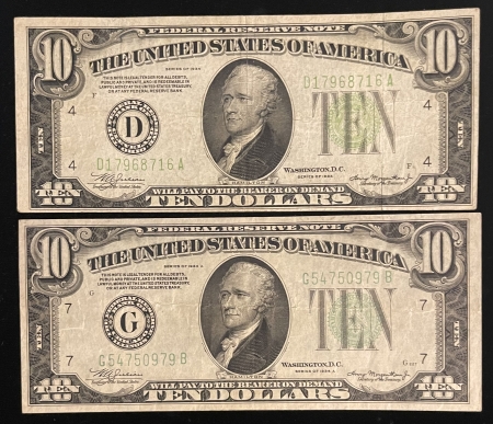 Small Federal Reserve Notes 1934 & 1934-A $10 FEDERAL RESERVE NOTE PAIR, FR-2004d & 2006g; ORIGINAL VF+