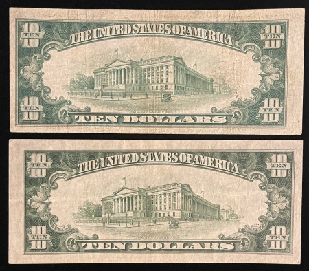 Small Federal Reserve Notes 1934 & 1934-A $10 FEDERAL RESERVE NOTE PAIR, FR-2004d & 2006g; ORIGINAL VF+