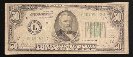 Small Federal Reserve Notes 1934 $50 FEDERAL RESERVE NOTE, FR-2102-L, SAN FRANCISCO, VF W/ TRIVIAL SMUDGE