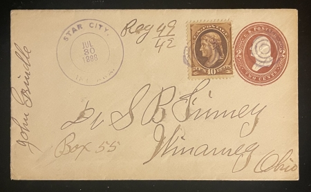 U.S. Stamps EARLY REGISTERED COVER (1888), U278a & #209, STAR CITY CANCEL-VERY PRETTY COVER!